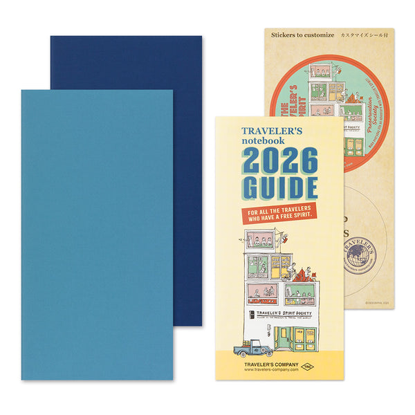 将图片加载到图库查看器,TRAVELER'S notebook Refill 2026 featuring a weekly schedule with memo space, grid pages, monthly calendar and a bonus Diary guide with sticker.