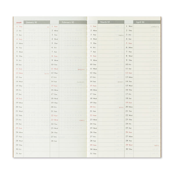 将图片加载到图库查看器,TRAVELER'S notebook Refill 2026 featuring a weekly schedule with memo space, grid pages, monthly calendar and a bonus Diary guide with sticker.
