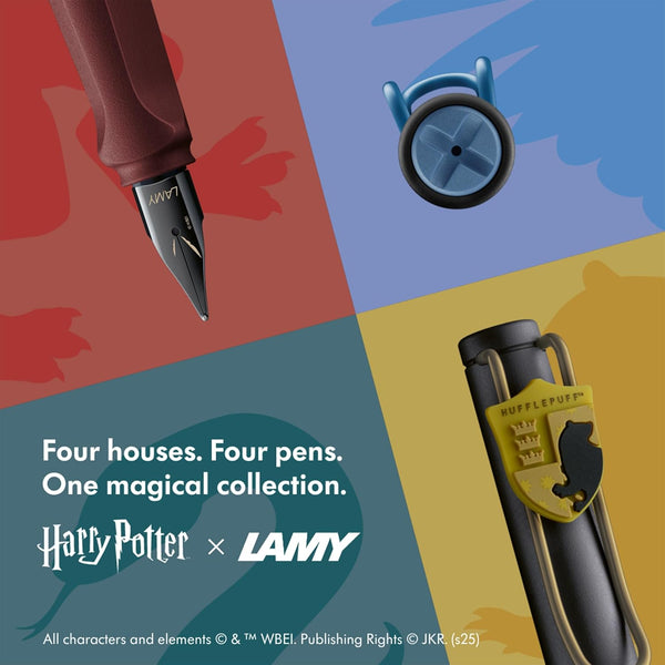将图片加载到图库查看器,LAMY Safari Gryffindor Fountain Pen – Extra Fine with maroon body, gold clip, and Gryffindor emblem from the Harry Potter collection.
