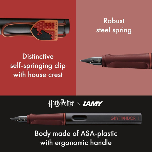 将图片加载到图库查看器,LAMY Safari Gryffindor Fountain Pen – Extra Fine with maroon body, gold clip, and Gryffindor emblem from the Harry Potter collection.