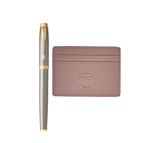 Load image into Gallery viewer, Parker IM Rollerball Pen Gift Set - Brushed Metal with Gold Trim with Mauve Card Holder