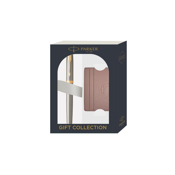 Load image into Gallery viewer, Parker IM Rollerball Pen Gift Set - Brushed Metal with Gold Trim with Mauve Card Holder