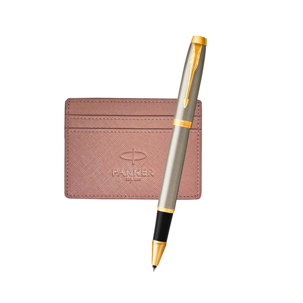 Load image into Gallery viewer, Parker IM Rollerball Pen Gift Set - Brushed Metal with Gold Trim with Mauve Card Holder