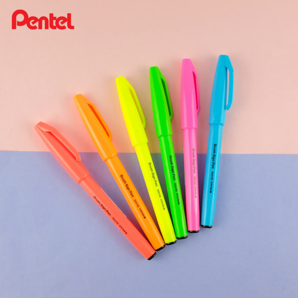 이미지를 갤러리 뷰어에 로드 , Pentel Brush Sign Pen - Fluorescent Red, Fluorescent Orange, Fluorescent Yellow,Fluorescent Green, Fluorescent Pink, &Fluorescent Blue