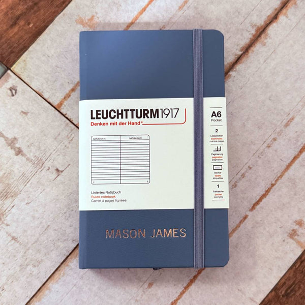 画像をギャラリービューアに読み込む, Personalized Name Embossing on Leuchtturm1917 A6 Pocket Hardcover Notebook - Ruled / Stone Blue