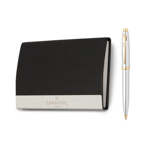 画像をギャラリービューアに読み込む, Sheaffer 100 E9340 Ballpoint Pen & Card Holder Gift Set - Bright Chrome with Gold-tone Trims