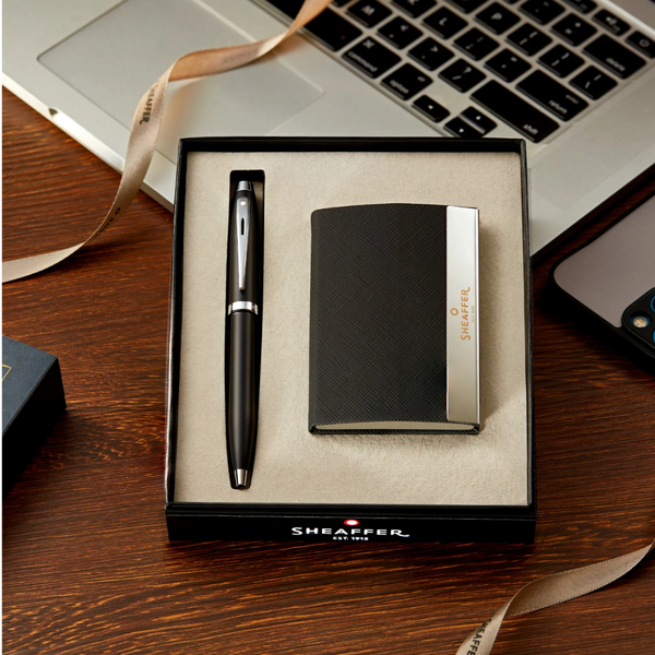 将图片加载到图库查看器,Sheaffer 100 Gift Set Ballpoint Pen Matte Black with Chrome Trims and Business Card Holder