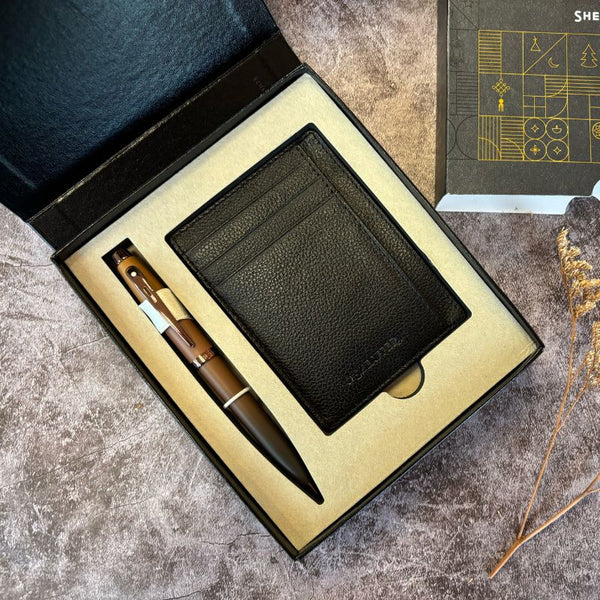 이미지를 갤러리 뷰어에 로드 , Sheaffer 100 N9374 Rollerball Pen Gift Set With Card Holder - Coffee Edition Matt Brown with Regal Brown PVD Trims RB