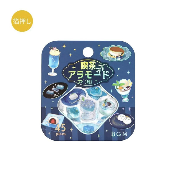 将图片加载到图库查看器,Sheet of blue-themed café flake stickers showing petite plates, parfaits, jelly desserts and drinks with shimmering foil highlights.