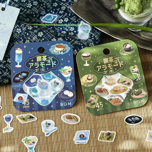 将图片加载到图库查看器,BGM Café Ala Mode Miyabi foil flake stickers in blue and green sets, featuring illustrated café desserts and drinks with metallic accents on washi paper.
