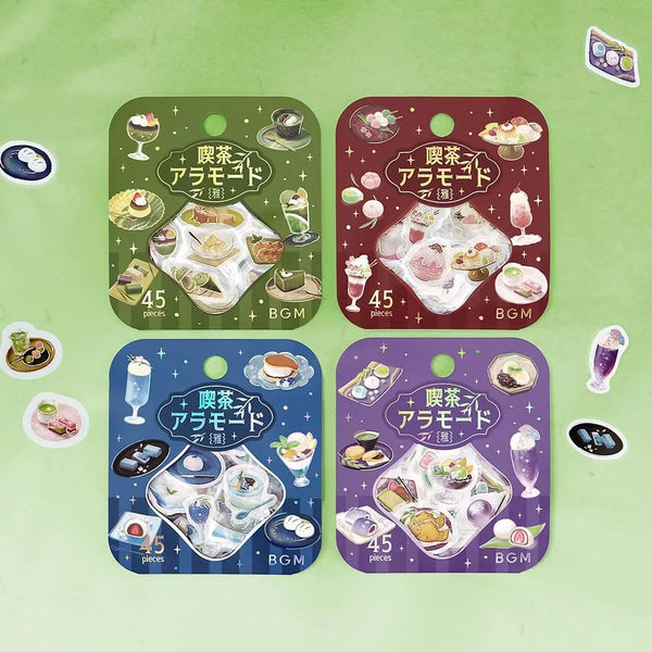 将图片加载到图库查看器,BGM Café Ala Mode Miyabi foil flake stickers in blue, purple, red, and green sets, featuring illustrated café desserts and drinks with metallic accents on washi paper.