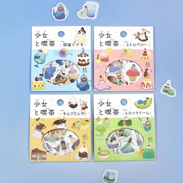 Load image into Gallery viewer, BGM Foil Stamping Flake Seal – Girl and Café series featuring 45-piece sticker sets in dreamy café themes: Deep Sea Soda, Strawberry, Chocolate Milk, and Melon Cream. Each design showcases girls, drinks, and sweets with washi texture and foil-stamped details.