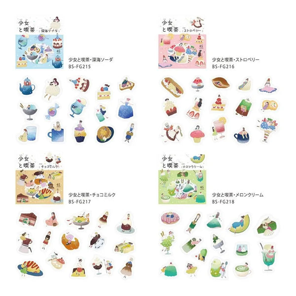 Load image into Gallery viewer, BGM Foil Stamping Flake Seal – Girl and Café series featuring 45-piece sticker sets in dreamy café themes: Deep Sea Soda, Strawberry, Chocolate Milk, and Melon Cream. Each design showcases girls, drinks, and sweets with washi texture and foil-stamped details.