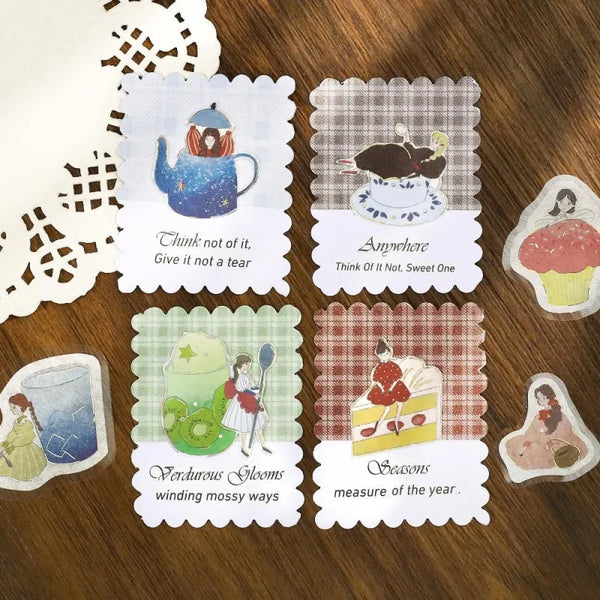Load image into Gallery viewer, BGM Foil Stamping Flake Seal – Girl and Café series featuring 45-piece sticker sets in dreamy café themes: Deep Sea Soda, Strawberry, Chocolate Milk, and Melon Cream. Each design showcases girls, drinks, and sweets with washi texture and foil-stamped details.