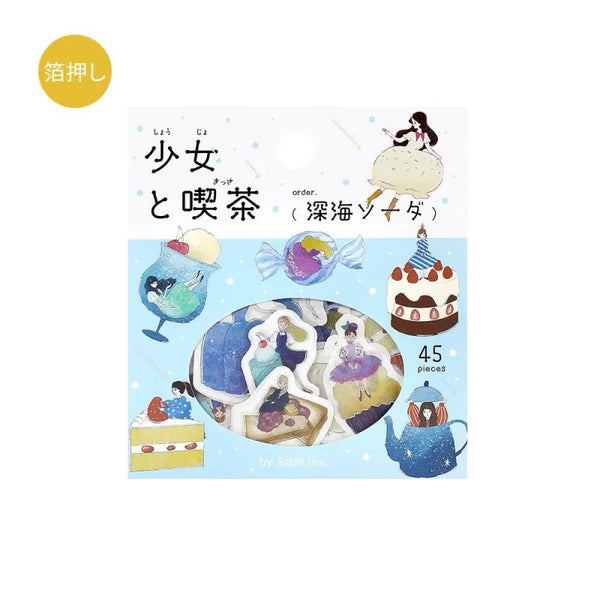 Load image into Gallery viewer, BGM Foil Stamping Flake Seal – Girl and Café: Deep Sea Soda featuring 45 washi stickers of café girls, fizzy drinks, and sea-themed desserts with foil and embossed detailing.