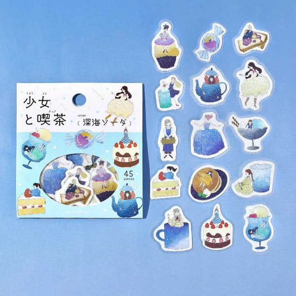 Load image into Gallery viewer, BGM Foil Stamping Flake Seal – Girl and Café: Deep Sea Soda featuring 45 washi stickers of café girls, fizzy drinks, and sea-themed desserts with foil and embossed detailing.