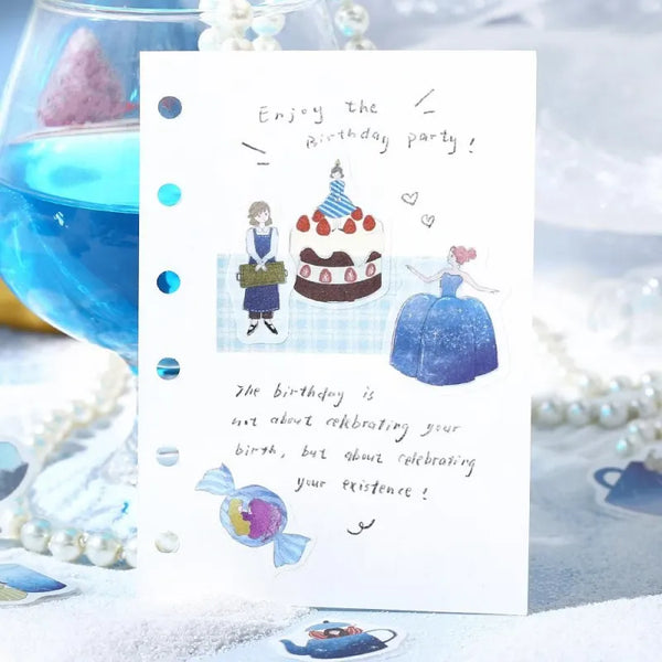 Load image into Gallery viewer, BGM Foil Stamping Flake Seal – Girl and Café: Deep Sea Soda featuring 45 washi stickers of café girls, fizzy drinks, and sea-themed desserts with foil and embossed detailing.