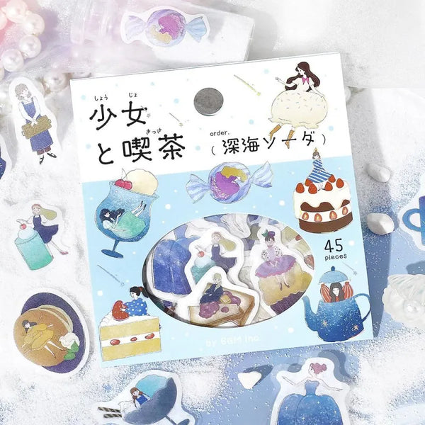 Load image into Gallery viewer, BGM Foil Stamping Flake Seal – Girl and Café: Deep Sea Soda featuring 45 washi stickers of café girls, fizzy drinks, and sea-themed desserts with foil and embossed detailing.