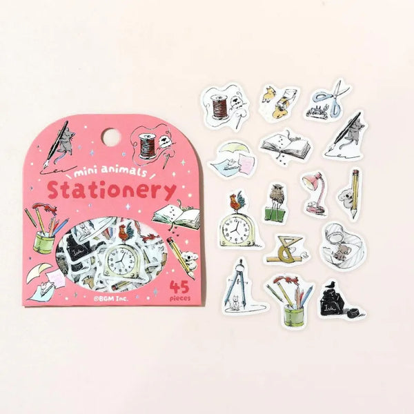 이미지를 갤러리 뷰어에 로드 , BGM Foil Stamping Flake Seal – Mini Mini Animals: Stationery with 45 washi stickers of cute animals using notebooks, pens, scissors, and more—highlighted with gold foil and tactile texture.