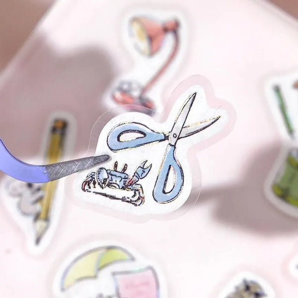 이미지를 갤러리 뷰어에 로드 , BGM Foil Stamping Flake Seal – Mini Mini Animals: Stationery with 45 washi stickers of cute animals using notebooks, pens, scissors, and more—highlighted with gold foil and tactile texture.