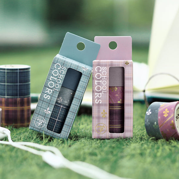 이미지를 갤러리 뷰어에 로드 , Washi tape set in blue plaid and stripe patterns with foil stamping details.