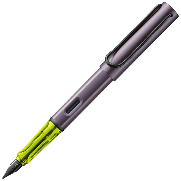 Load image into Gallery viewer, LAMY AL-star fountain pen in metallic aubergine with a translucent neon yellow grip, black steel nib, and metal clip. Includes a blue ink cartridge.