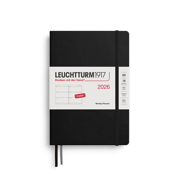 이미지를 갤러리 뷰어에 로드 , Leuchtturm1917 A5 Medium Hardcover Weekly Planner 2026 in black, featuring a minimalist weekly layout and elastic closure band, ideal for everyday organization.