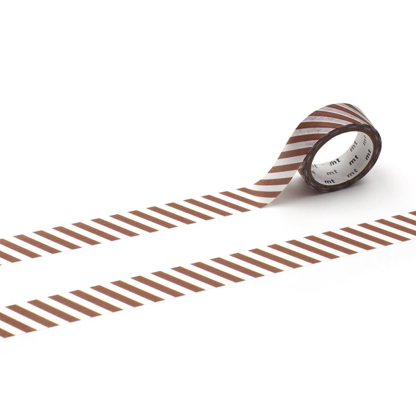 Load image into Gallery viewer, MT 1P Stripe Washi Tape Brown – brown striped Japanese washi tape roll.