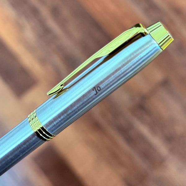 Load image into Gallery viewer, Personalized Name Engraving On Parker IM Rollerball Pen Gift Set - Brushed Metal with Gold Trim
