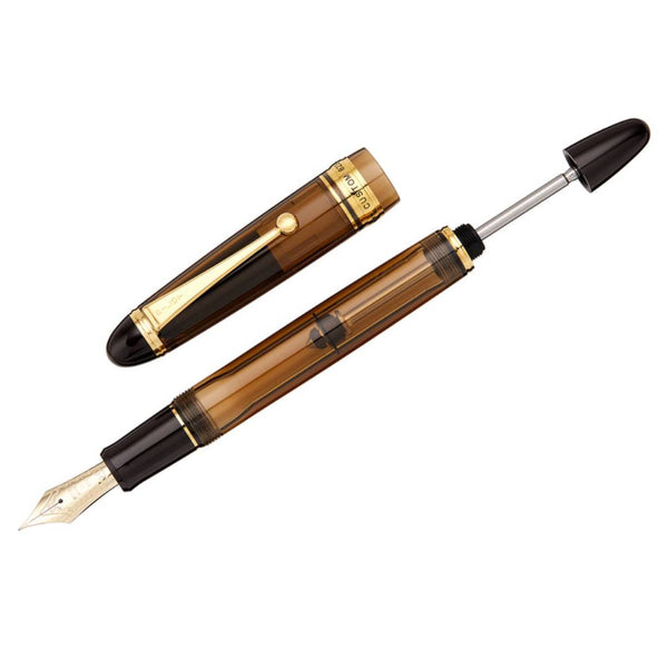 Load image into Gallery viewer, Pilot Custom 823 Fountain Pen in transparent amber brown resin with gold trim and 14K gold nib, featuring vacuum ink filling system – ideal for extended writing with elegance and precision.