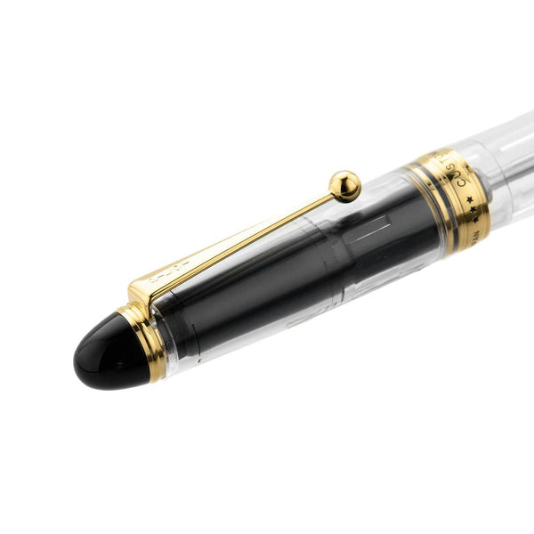 Load image into Gallery viewer, Pilot Custom 823 Fountain Pen in fully transparent clear resin with gold trim and 14K gold nib, featuring a high-capacity vacuum-filling system – perfect for showcasing ink flow and craftsmanship.
