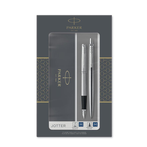 Load image into Gallery viewer, Parker Jotter Duo SS Chrome Trim Fountain Pen + Ballpoint Pen Set