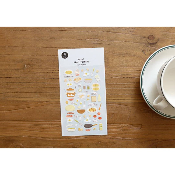 Load image into Gallery viewer, Suatelier Daily Deco Sticker Eggtime sheet featuring hand-drawn eggs, frying pans, and breakfast cooking motifs.