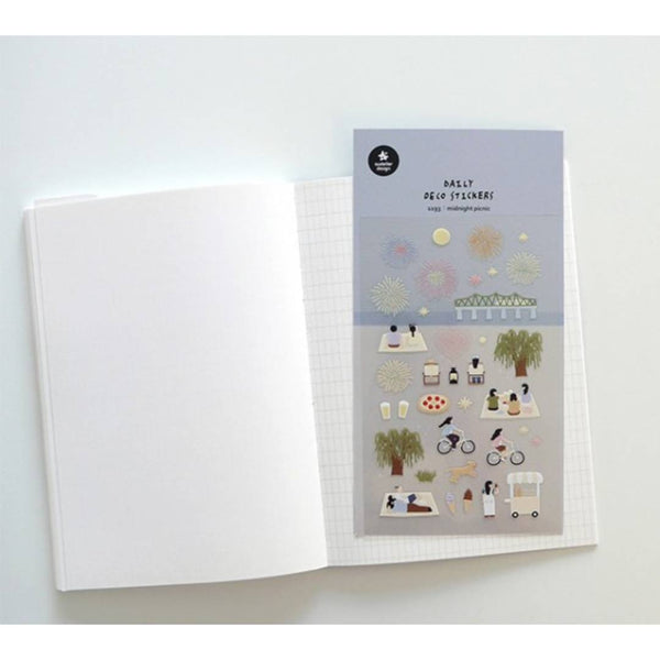 Load image into Gallery viewer, A sheet of decorative stickers featuring illustrations of fireworks, picnic blankets, pizza, drinks, people cycling, dogs, ice cream, and night sky scenes—perfect for journaling and capturing the atmosphere of a summer midnight picnic.