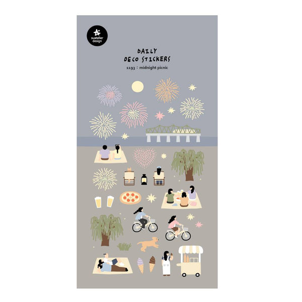 Load image into Gallery viewer, A sheet of decorative stickers featuring illustrations of fireworks, picnic blankets, pizza, drinks, people cycling, dogs, ice cream, and night sky scenes—perfect for journaling and capturing the atmosphere of a summer midnight picnic.