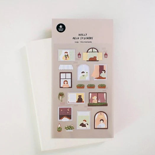 画像をギャラリービューアに読み込む, Suatelier Daily Deco Sticker Tiny Moments sheet featuring cozy window illustrations of people and plants in everyday scenes.