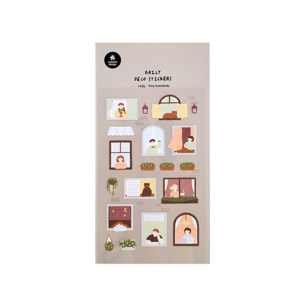 画像をギャラリービューアに読み込む, Suatelier Daily Deco Sticker Tiny Moments sheet featuring cozy window illustrations of people and plants in everyday scenes.