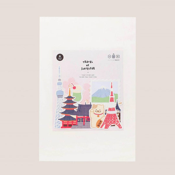 Load image into Gallery viewer, Suatelier Sticker – Tokyo Travel Diary featuring 28 illustrated Tokyo motifs such as landmarks, street food, and city scenes on a 15×17 cm coated paper sheet.