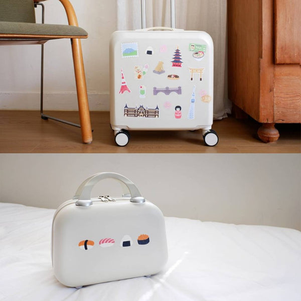 Load image into Gallery viewer, Suatelier Sticker – Tokyo Travel Diary featuring 28 illustrated Tokyo motifs such as landmarks, street food, and city scenes on a 15×17 cm coated paper sheet.