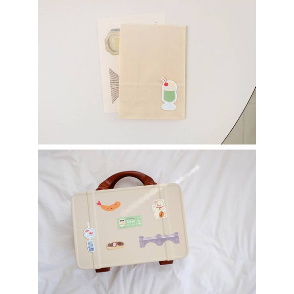 Load image into Gallery viewer, Suatelier Sticker – Tokyo Travel Diary featuring 28 illustrated Tokyo motifs such as landmarks, street food, and city scenes on a 15×17 cm coated paper sheet.