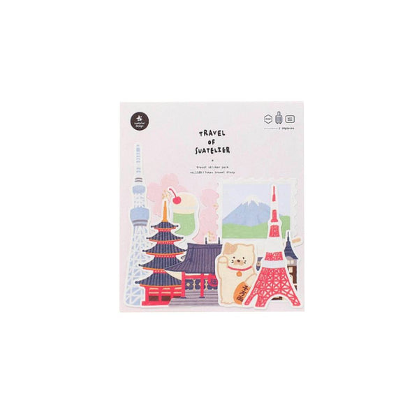 Load image into Gallery viewer, Suatelier Sticker – Tokyo Travel Diary featuring 28 illustrated Tokyo motifs such as landmarks, street food, and city scenes on a 15×17 cm coated paper sheet.