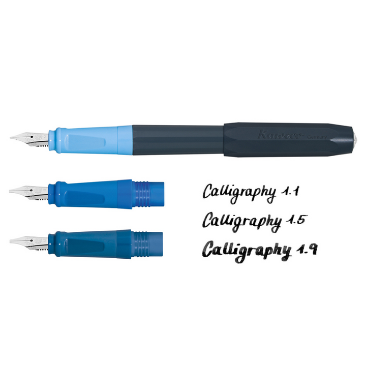 Kaweco Perkeo Calligraphy Set Blue (nib size: 1.1, 1.5, 1.9) — uncapped with cap posted