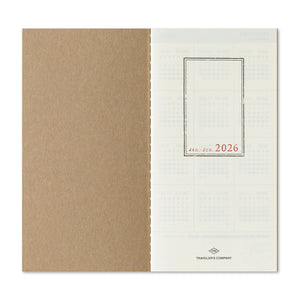 TRAVELER'S notebook Refill 2026 featuring a weekly schedule with memo space, grid pages, monthly calendar and a bonus Diary guide with sticker.