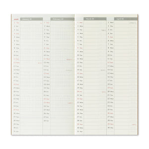 TRAVELER'S notebook Refill 2026 featuring a weekly schedule with memo space, grid pages, monthly calendar and a bonus Diary guide with sticker.