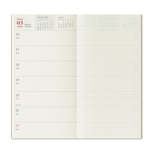 TRAVELER'S notebook Refill 2026 featuring a weekly schedule with memo space, grid pages, monthly calendar and a bonus Diary guide with sticker.