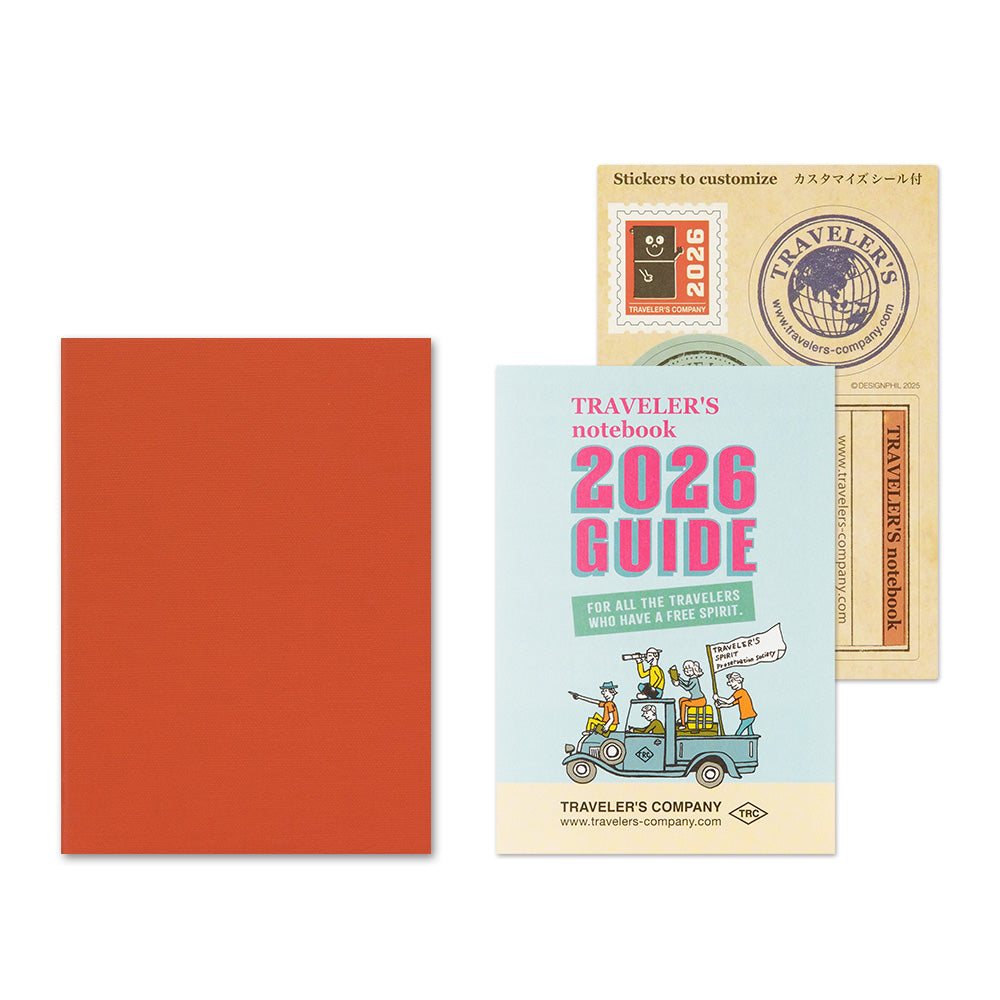 TRAVELER'S notebook Passport Size Refill 2026 Monthly featuring monthly schedule from December 2025 to January 2027, calendar, year schedule, blank and travel guide.