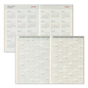 TRAVELER'S notebook Passport Size Refill 2026 Monthly featuring monthly schedule from December 2025 to January 2027, calendar, year schedule, blank and travel guide.