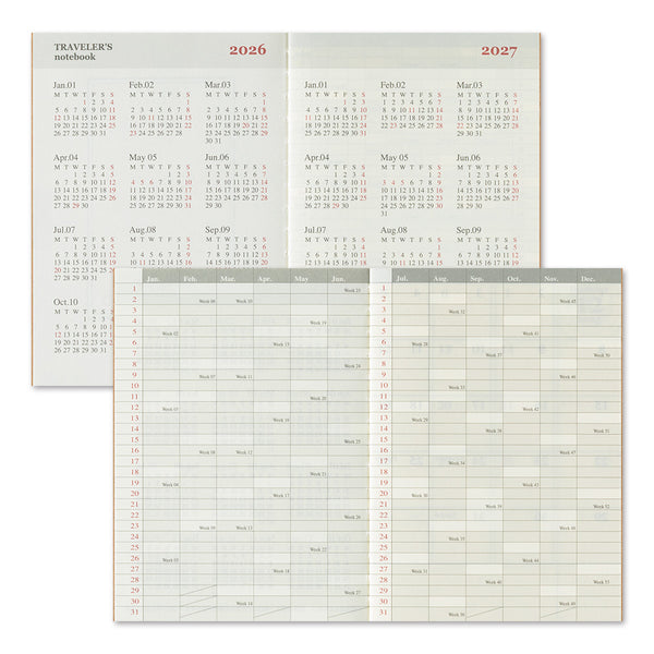 将图片加载到图库查看器，TRAVELER&#39;S notebook Passport Size Refill 2026 Monthly featuring monthly schedule from December 2025 to January 2027, calendar, year schedule, blank and travel guide.
