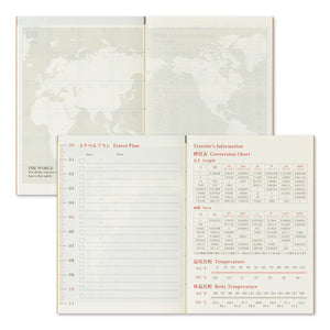 TRAVELER'S notebook Passport Size Refill 2026 Monthly featuring monthly schedule from December 2025 to January 2027, calendar, year schedule, blank and travel guide.