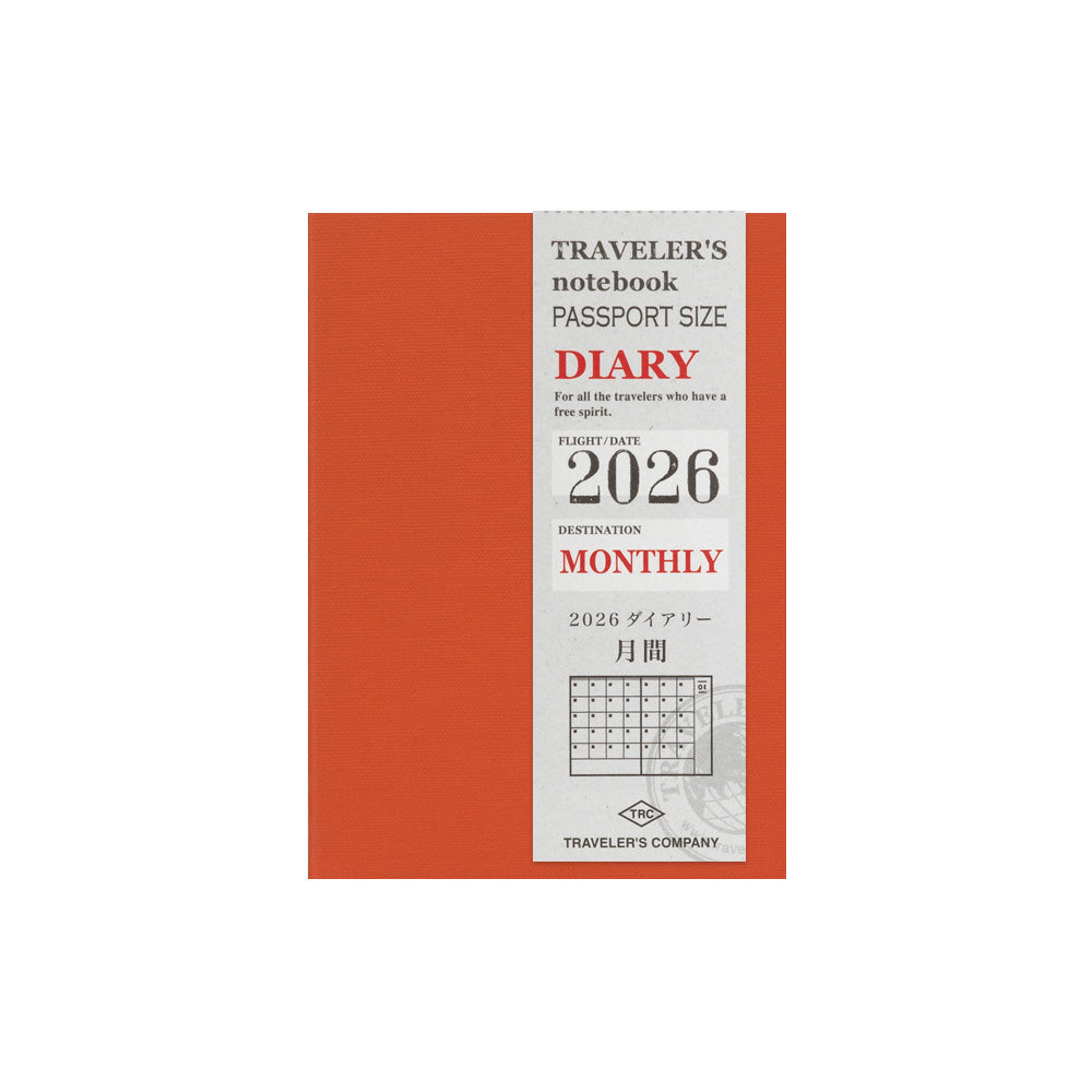 TRAVELER'S notebook Passport Size Refill 2026 Monthly featuring monthly schedule from December 2025 to January 2027, calendar, year schedule, blank and travel guide.
